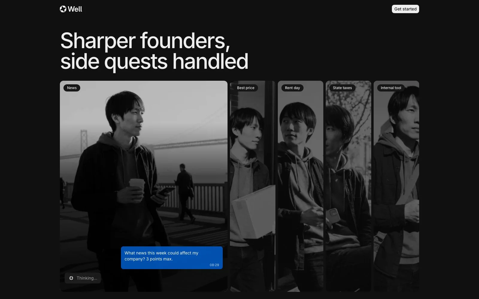 The wellapp.ai home page: the tagline “Sharper founders, side quests handled”, a founder asking Well a question on the go, and tabs for other side quests