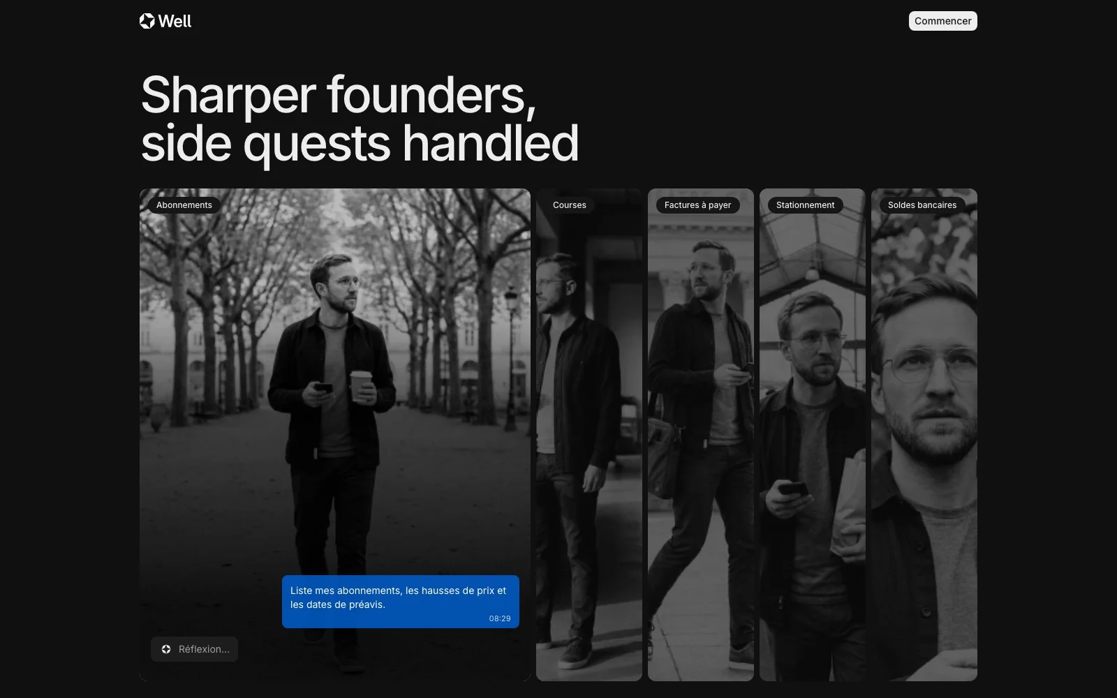 La page d'accueil de wellapp.ai : la tagline « Sharper founders, side quests handled », un fondateur qui pose une question à Well en marchant, et des onglets pour d'autres side quests