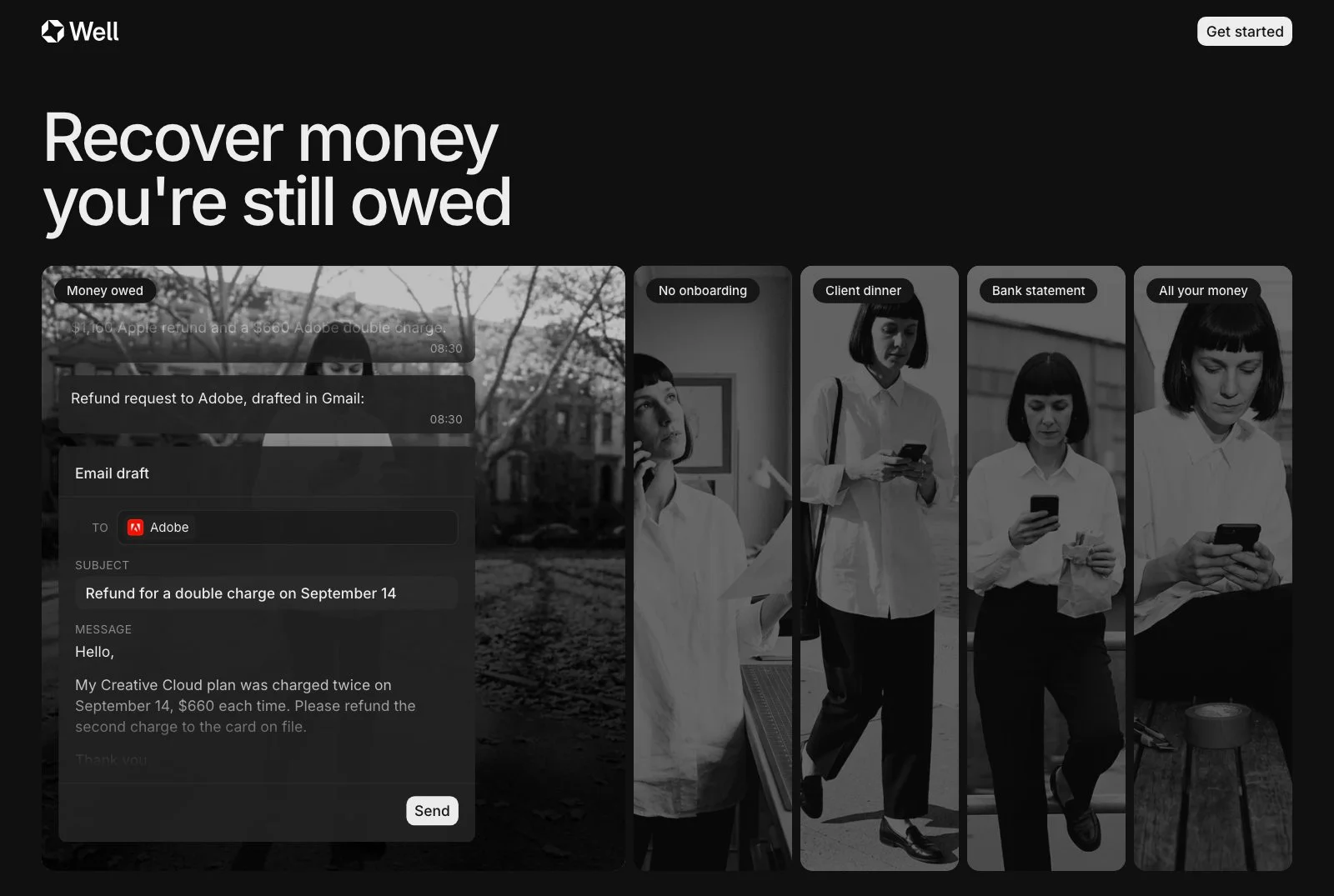 A scene of the wellapp.ai home-page carousel: Well answers a founder's side quest in the chat