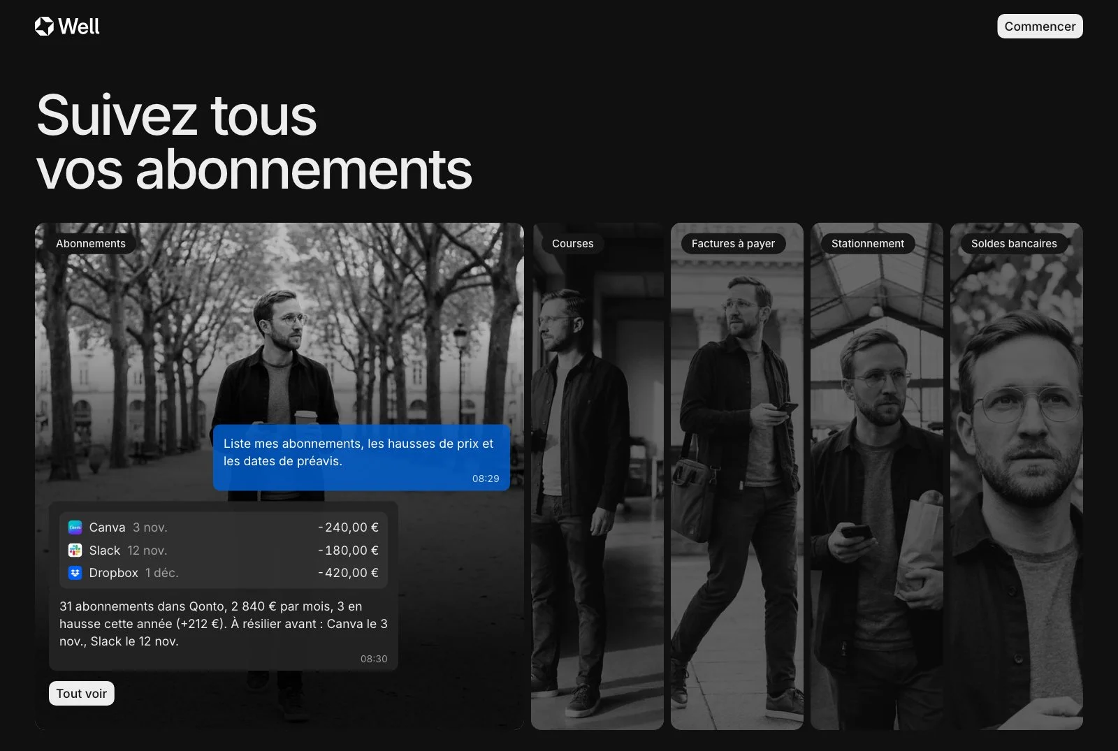 Une scène du carrousel de la page d'accueil de wellapp.ai : Well répond à la side quest d'un fondateur dans la conversation
