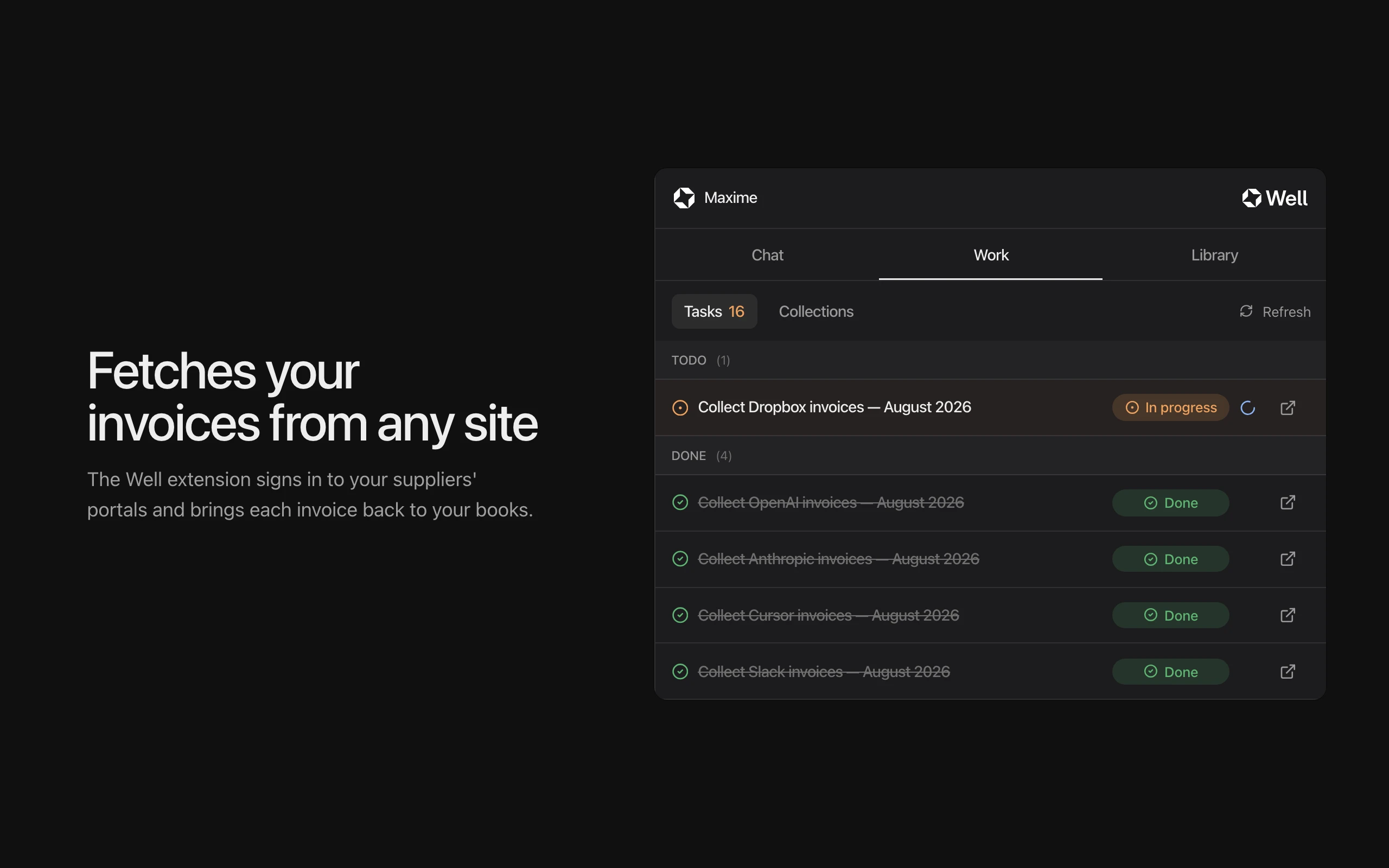 The Well Chrome extension listing the supplier invoices it fetched