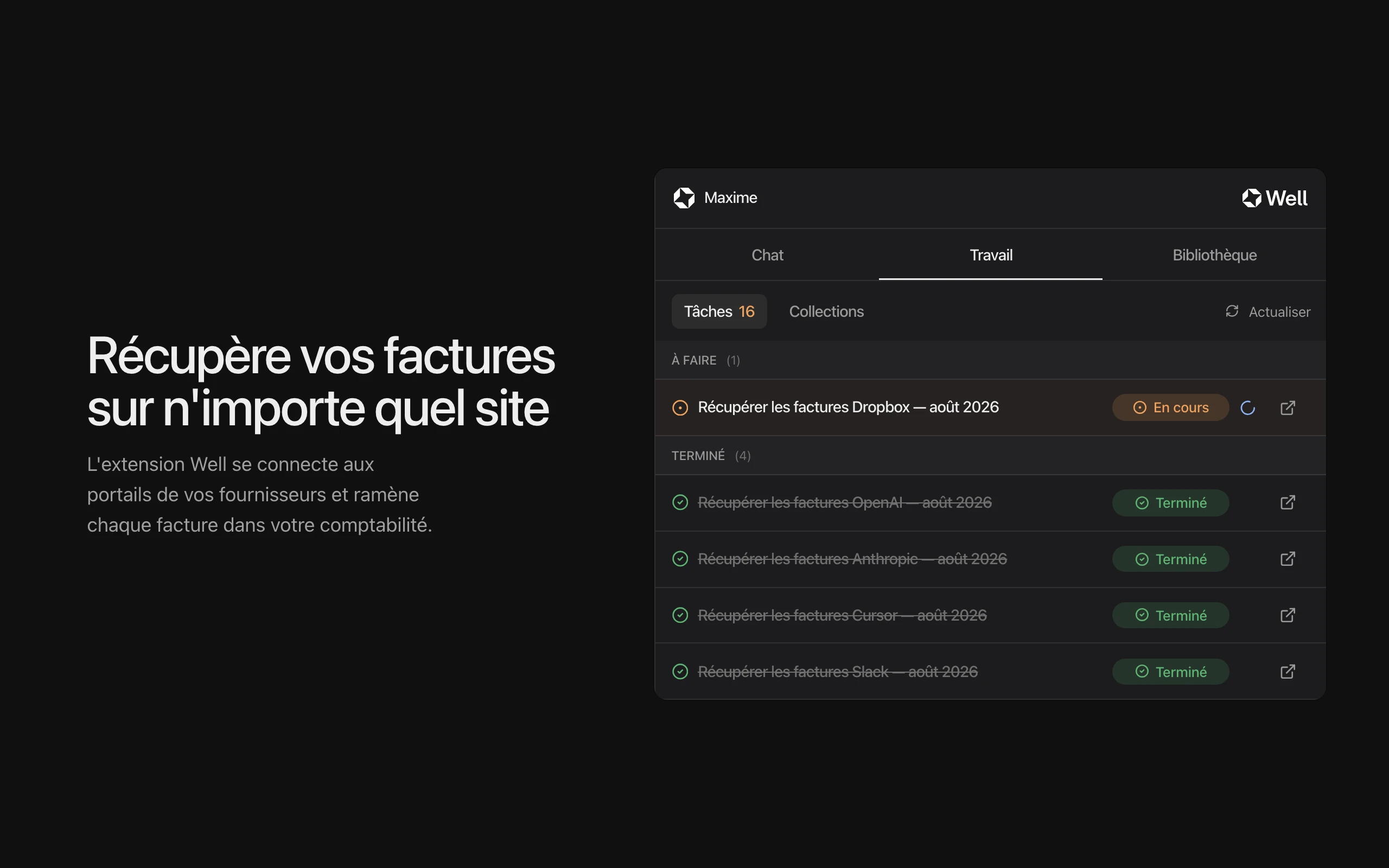 L'extension Chrome de Well qui liste les factures fournisseurs récupérées