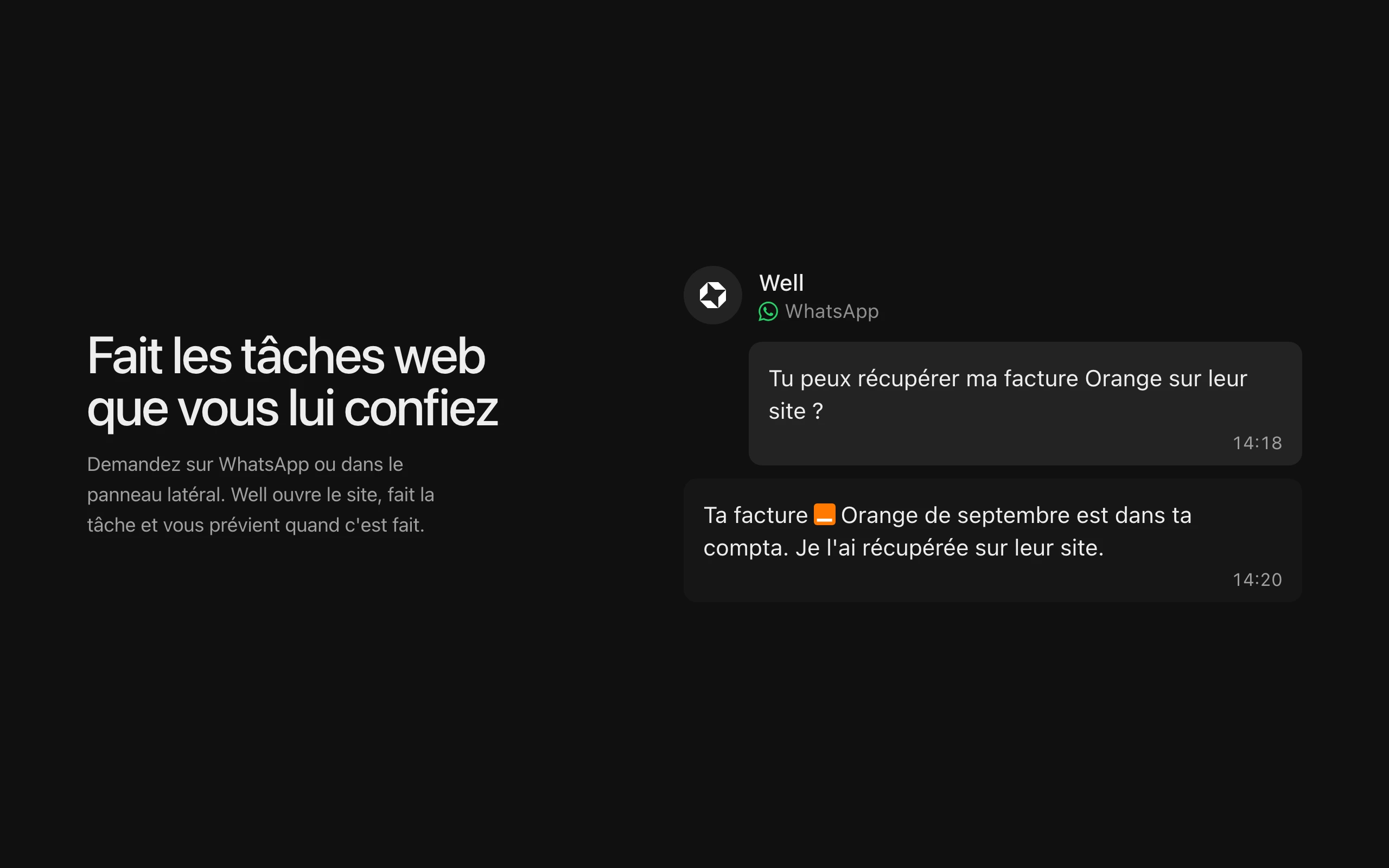 Well sur WhatsApp confirme avoir récupéré une facture Orange sur le site du fournisseur