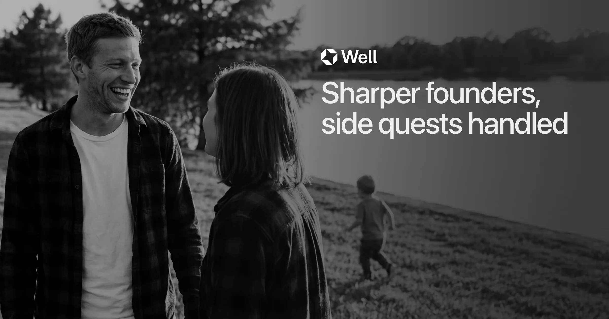 A founder laughing outdoors beside the tagline “Sharper founders, side quests handled”